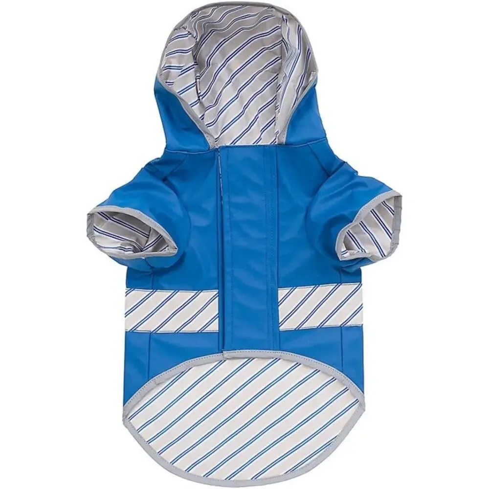 Good2Go XS Dog Raincoat Reversible Blue Striped Hooded Puppy Weather Jacket